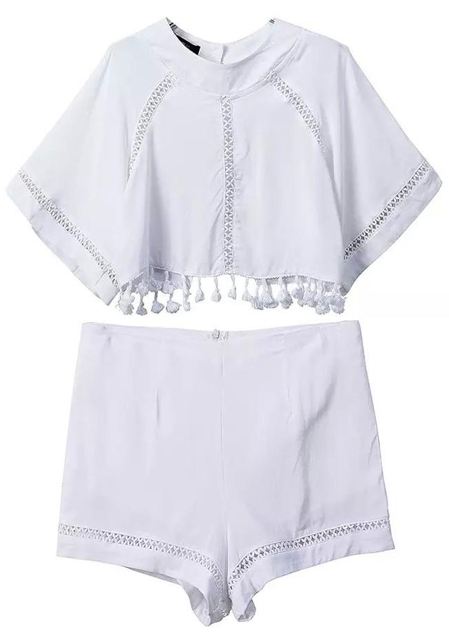 Shein White Hollow Tassel Crop Top With Shorts