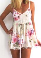 Rosewe Flower Print Open Back Loose Pom Pom Romper