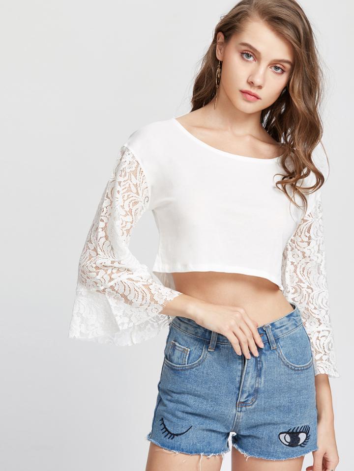 Shein Lace Cuff Bell Sleeve Dip Hem Tee