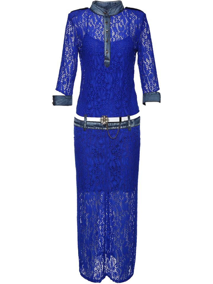 Shein Crew Neck Belted Lace Combo Dress