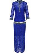 Shein Crew Neck Belted Lace Combo Dress