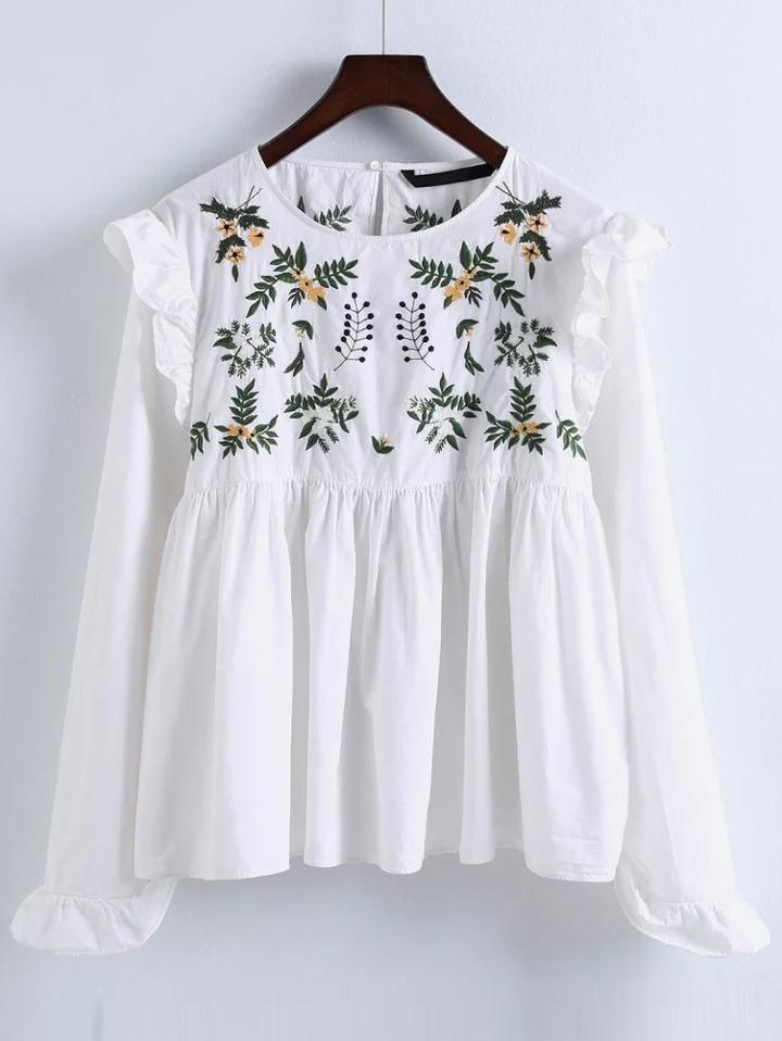 Shein White Embroidery Ruffle Trim Pleated Blouse