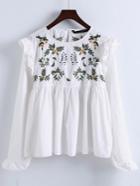 Shein White Embroidery Ruffle Trim Pleated Blouse