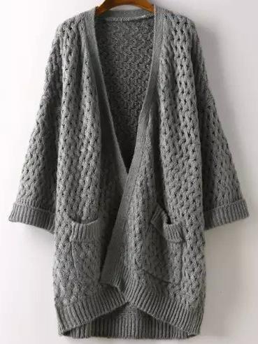 Shein Grey Short Sleeve Pockets Chunky Cardigan