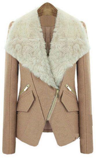 Shein Camel Long Sleeve Fur Lapel Oblique Zip Coat