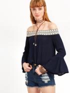 Shein Navy Off The Shoulder Bell Sleeve Top With Tape Detail