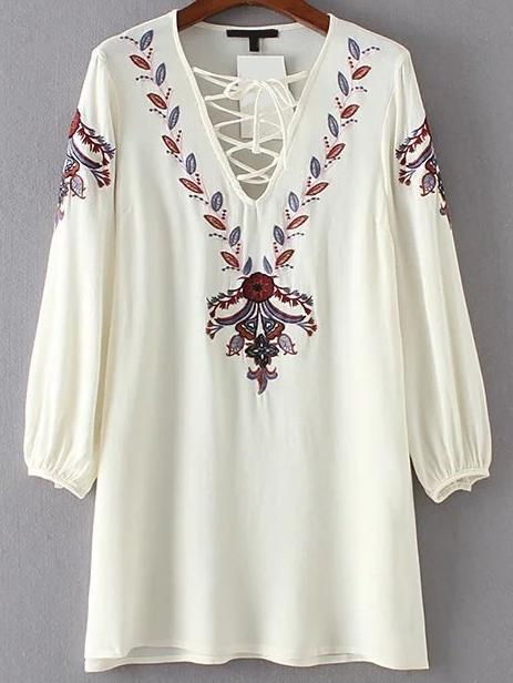 Shein Beige Embroidery V Neck Lace Up Dress