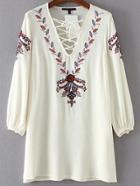 Shein Beige Embroidery V Neck Lace Up Dress
