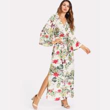 Shein Tropical Print Split Side Belted Dress