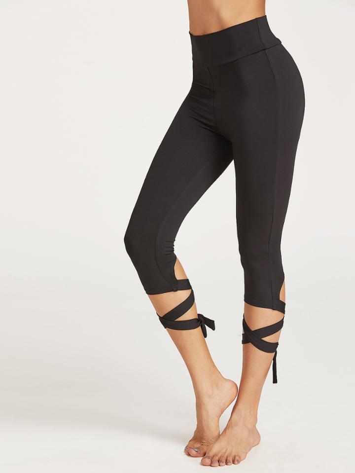 Shein Black Wide Waistband Tie Hem Crop Leggings