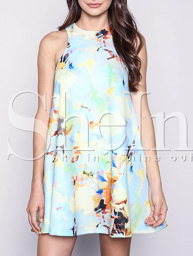 Shein Azure Floral Print Zipper Back Swing Dress