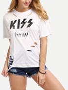 Shein White Cutout Printed T-shirt