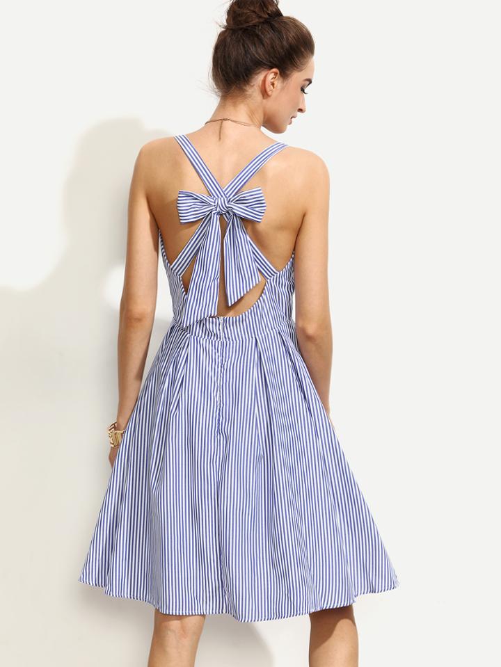 Shein Blue Striped Sleeveless Bow Criss Cross Back Dress