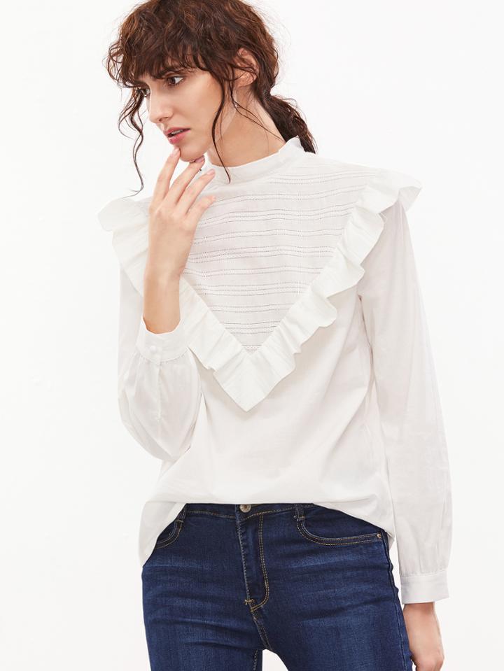 Shein White Buttoned Back Ruffle Trim Embroidered Blouse