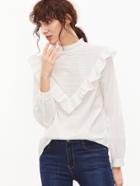 Shein White Buttoned Back Ruffle Trim Embroidered Blouse