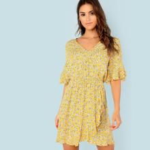 Shein Tiered Flounce Sleeve Surplice Wrap Floral Dress
