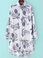 Shein Grey White Lapel Leaves Print Pocket Shirt Dress