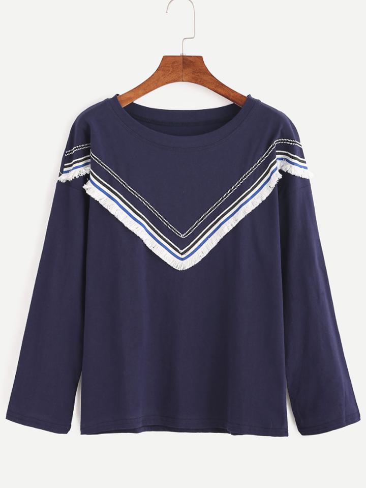 Shein Navy Fringe Trim T-shirt