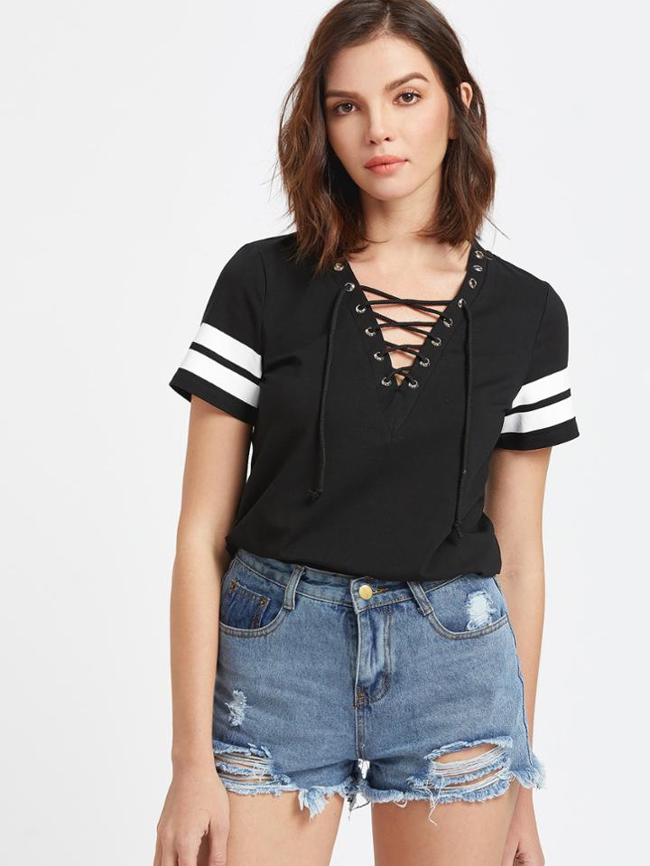 Shein Black Lace Up V Neck Striped Sleeve T-shirt