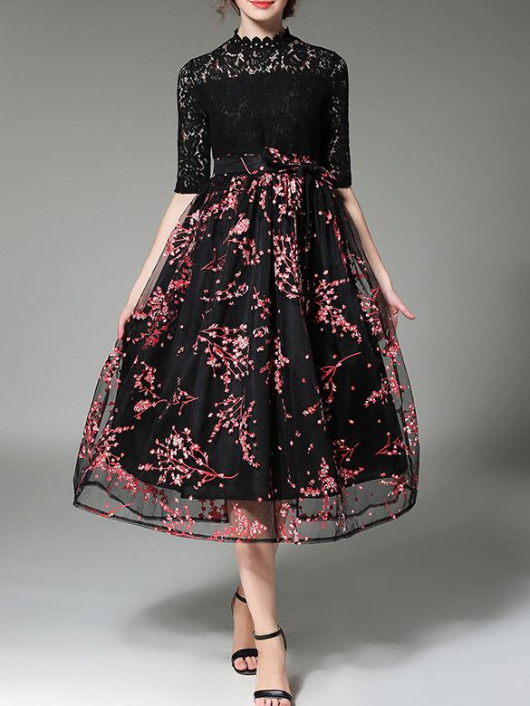 Shein Black Red Contrast Organza Lace Print Dress