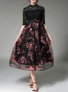 Shein Black Red Contrast Organza Lace Print Dress