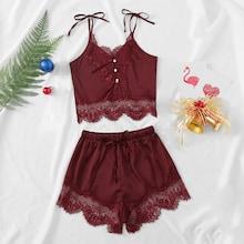 Shein Christmas Contrast Lace Cami Top & Shorts With Thong