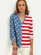 Shein Multicolor Stars Print Striped Long Sleeve Blouse