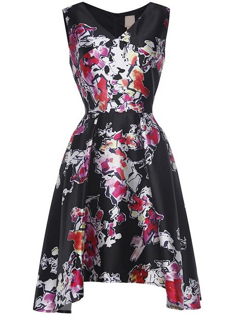 Shein Black V Neck Print Asymmetric Dress