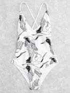 Shein Crane Print Lace Up Back Swimsuit