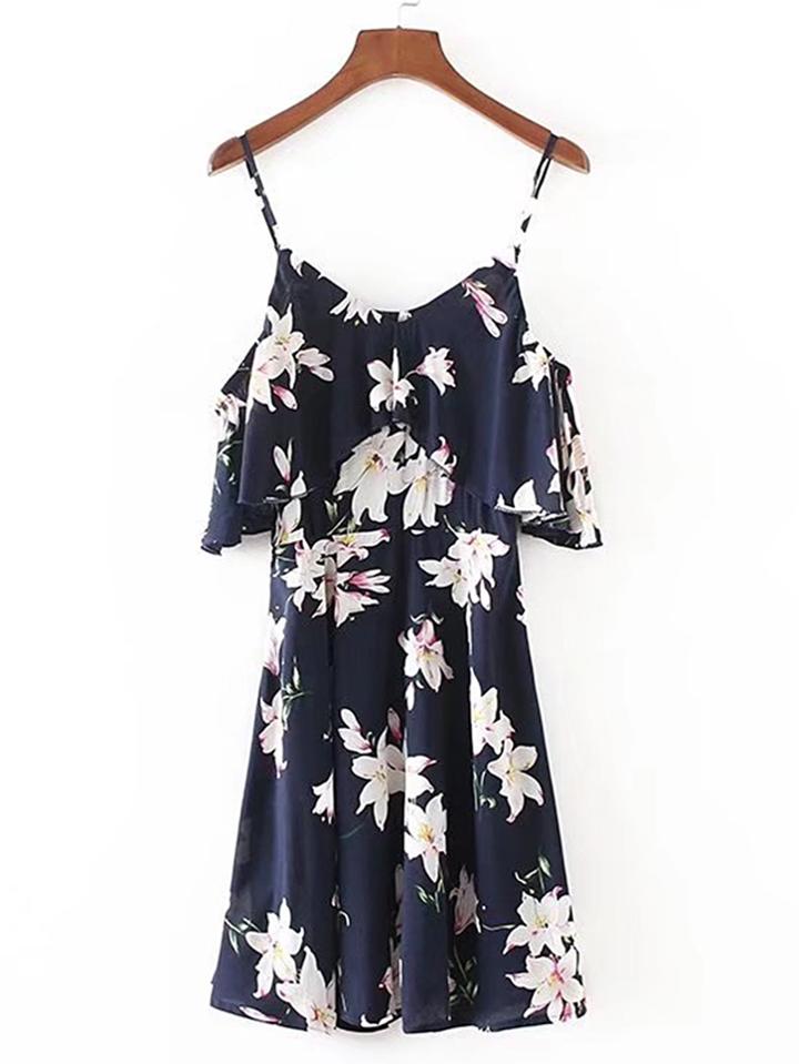Shein Cold Shoulder Ruffle Trim Floral Dress