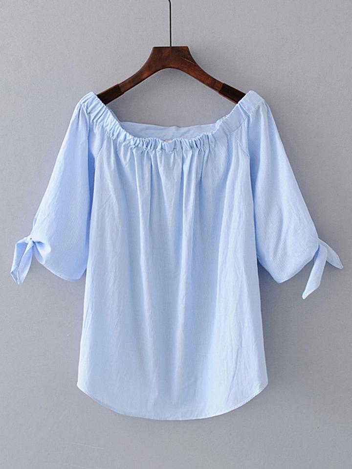Shein Boat Neckline Knot Cuff Pinstripe Top