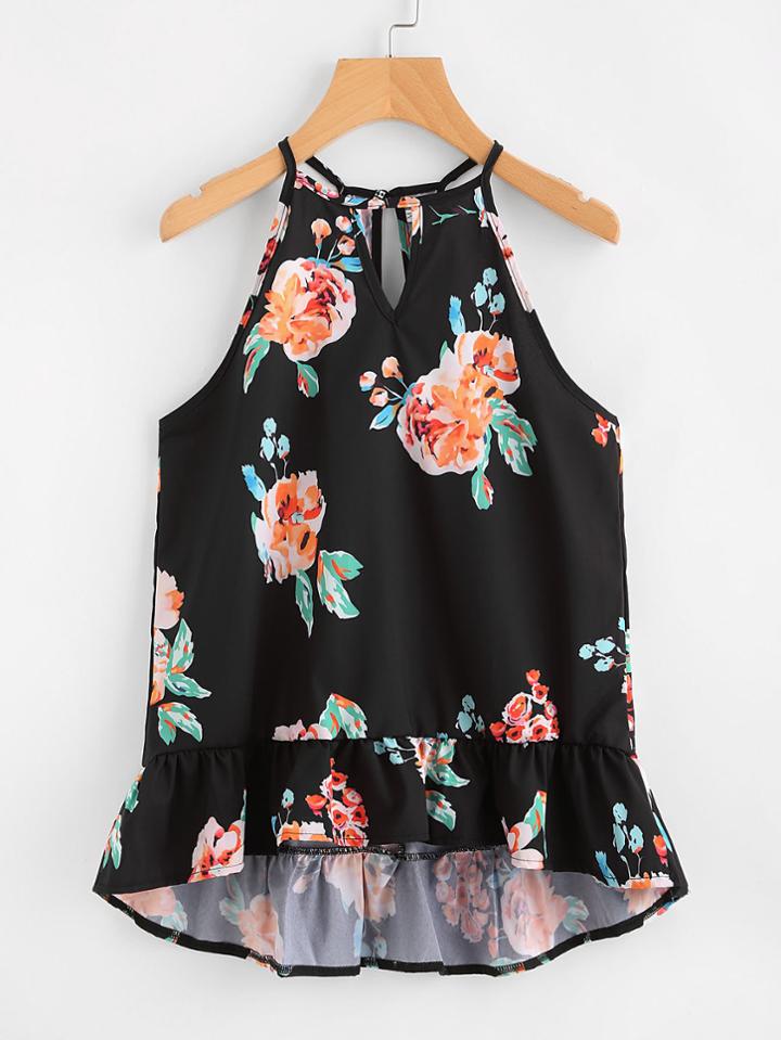 Shein Keyhole Cut Frill Hem Random Florals Cami Top