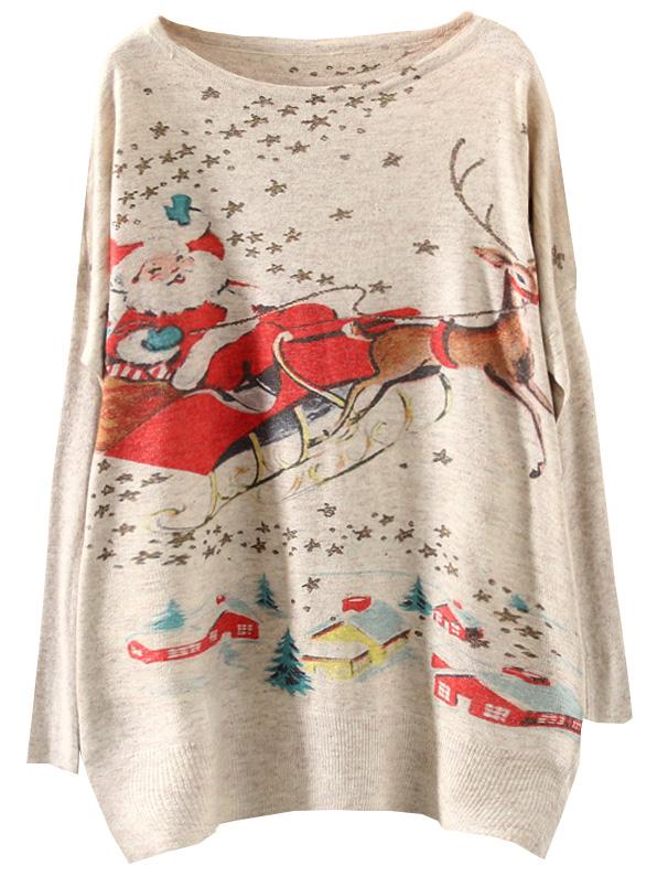 Shein Multicolor Batwing Sleeve Christmas Reindeer Print Knitwear