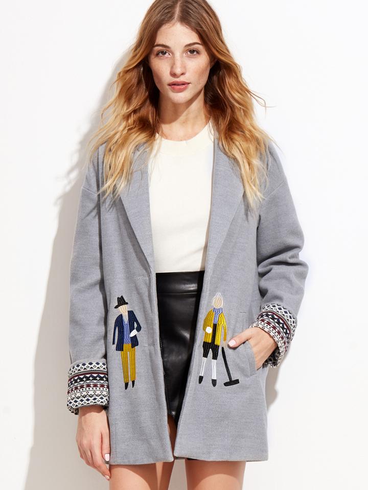 Shein Heather Grey Drop Shoulder Embroidered Coat