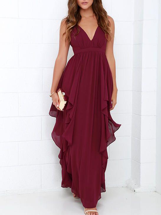 Shein Burgundy Deep V Neck Maxi Chiffon Dress