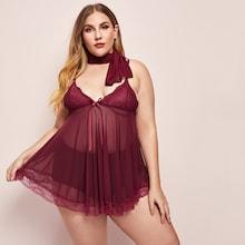 Shein Plus Contrast Lace Slips With Thong & Shawl