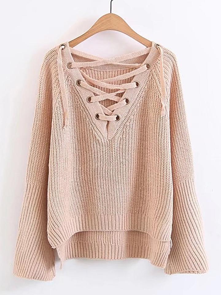 Shein Eyelet Lace Up V Neck High Low Sweater