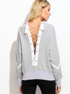 Shein Grey Eyelet Lace Up Tassel Back Sweatshirt