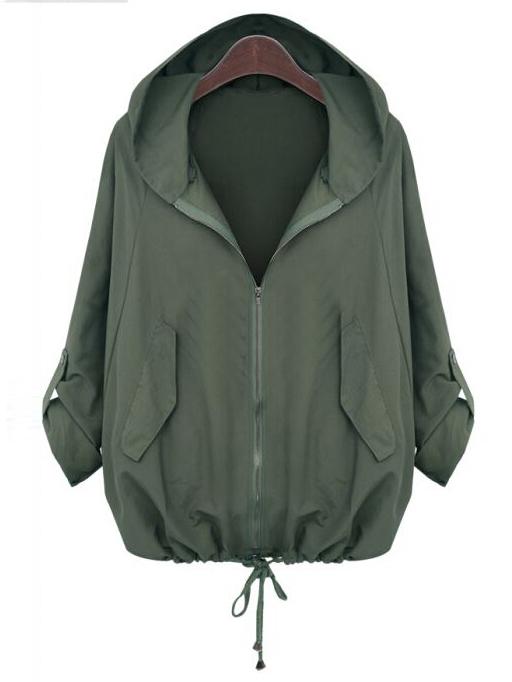 Shein Army Green Hooded Zipper Loose Jacket
