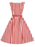 Shein Red Vertical Striped Flare Dress With Belt