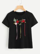 Shein Flower Embroidered Ribbon Detail T-shirt