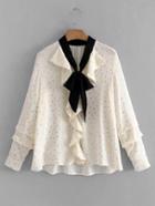 Shein Dot Print Flounce Detail Tie Neck Blouse