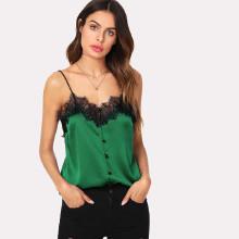 Shein Eyelash Lace Trim Button Up Satin Cami Top