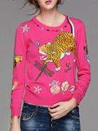 Shein Hot Pink Dragonfly Tiger Embroidered Sweater