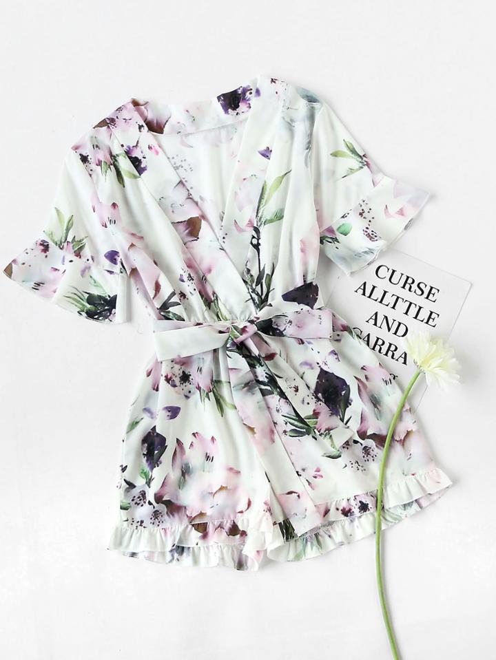 Shein Floral Print Random Wrap Chiffon Romper With Belt