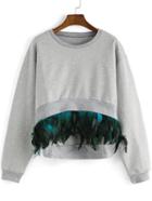 Shein Grey Round Neck Feather Embellished Dip Hem Sweatshirt