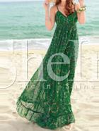 Shein Green Ruffle Hem Print Spaghetti Strap Flare Maxi Dress