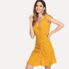 Shein Asymmetric Buttoned Placket Ruched Polka Dot Dress