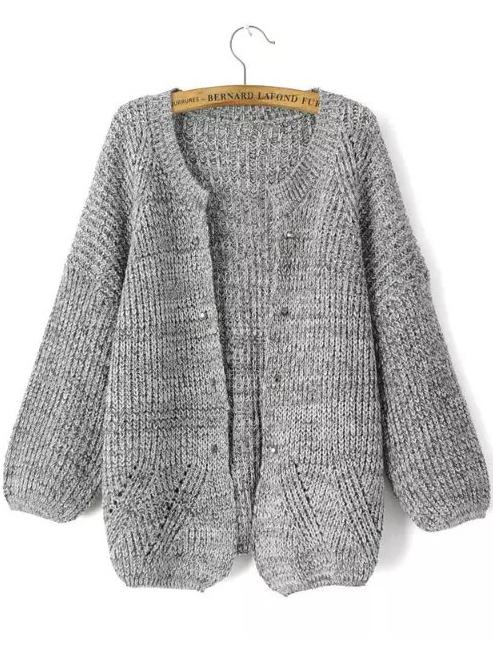 Shein Grey Long Sleeve Rivet Studs Knit Cardigan