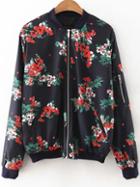 Shein Black Floral Print Bomber Jacket With Zipper